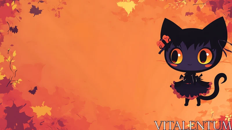 Cartoon black cat character stands against orange foliage