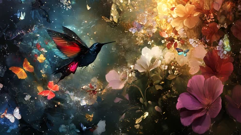 Hummingbird crosses luminous floral field in glowing dusk