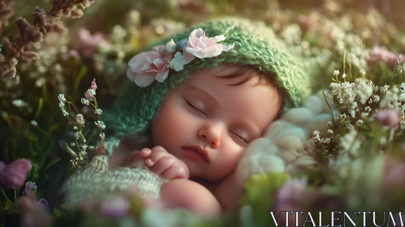 Newborn portrait rendered in soft-focus floral digital painting