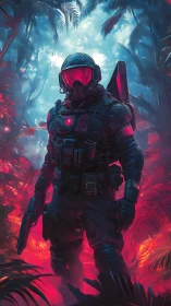 Neon jungle trooper strides through inferno misted canopy.