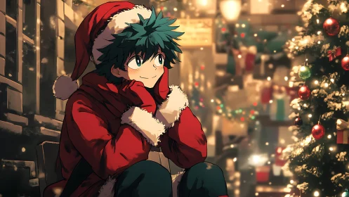 Anime boy in Santa outfit sitting by bright Christmas tree.