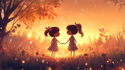 Silhouetted Figures with Paired Pigtails Against Luminous Golden Sunset