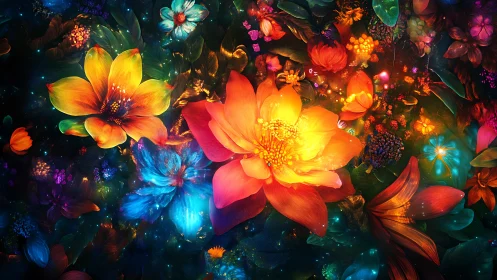 Bioluminescent Floral Garden: Digital Rendering of Luminous Blooms.