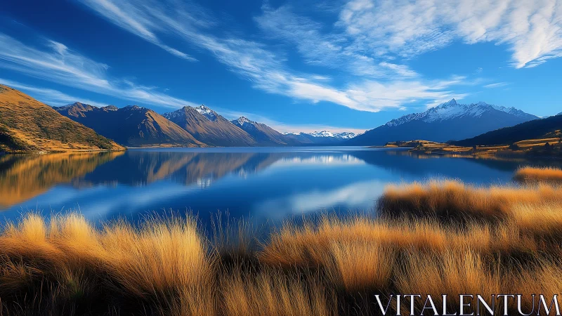 Alpine lake panorama with snow peaks and golden foreground reeds