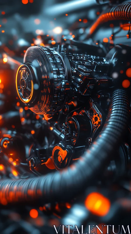 Cybernetic engine core glows with luminous orange embers