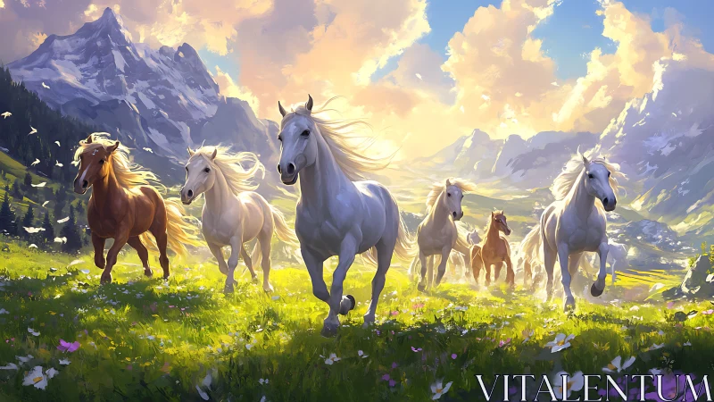 Dynamic herd of horses in luminous alpine meadow panorama.