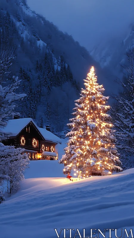 Snow-covered cabin and illuminated tree stand in winter landscape