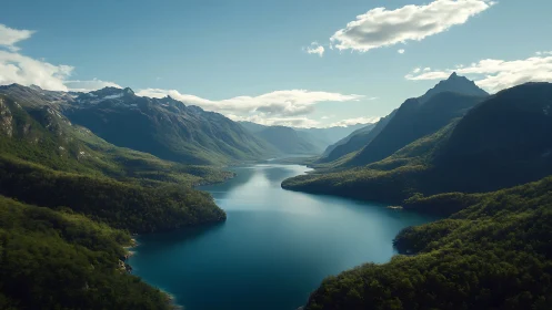 Mountain lake valley under soft daylight clouds.