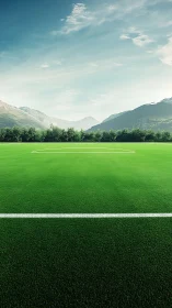 Mountain-ringed soccer pitch under clear blue morning sky.