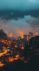 Neon-drenched hillside cityscape under low cyberpunk fog.