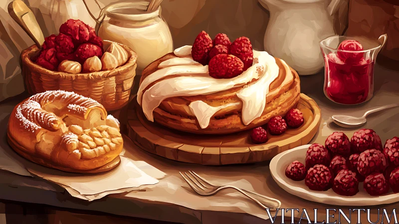Digital painting still life of pastries with raspberries on wood.