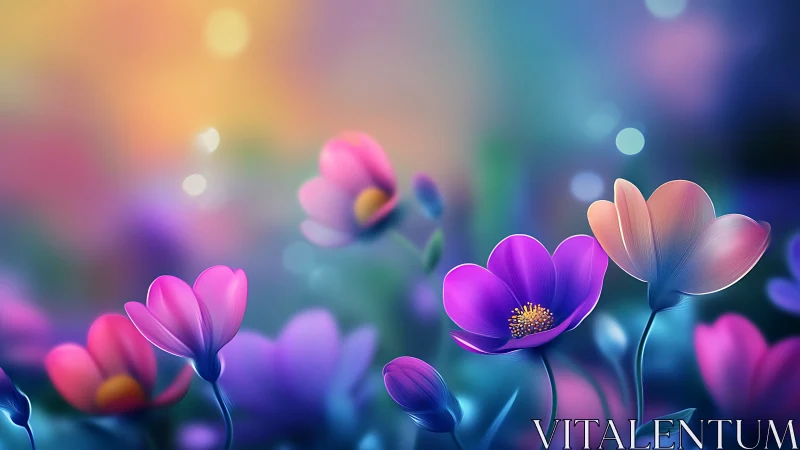 Glowing Purple Flowers in Dreamy Bokeh Garden Scene