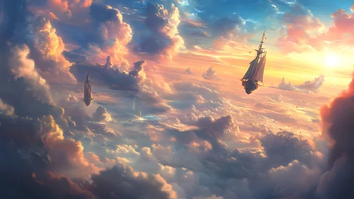 Sailing vessels traverse stratified clouds under low sun