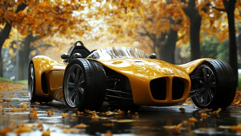 Autumn street embraces futuristic yellow roadster design.