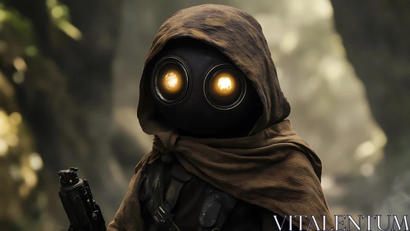 Hooded reconnaissance droid with radiant optic sensors in forest.