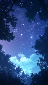 Starry night sky framed by dense silhouetted forest canopy