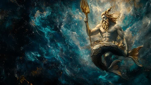 Majestic sea god rises through swirling cosmic ocean light