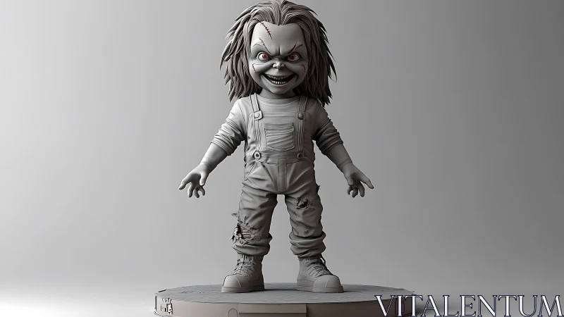 Sinister doll statuette grins on muted gray pedestal stage.