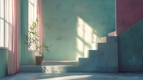 Interior stairwell with potted plant and window light.