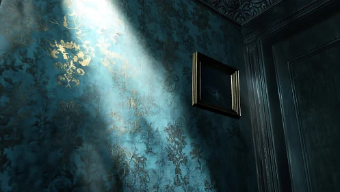 Sunlit teal wallpaper reveals ornate textures in a moody hall