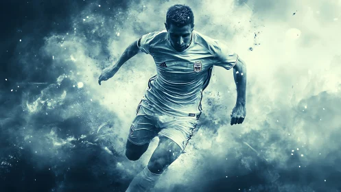 Dynamic soccer runner in blue energy cloud effect.