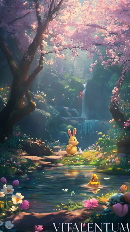 Pastel woodland stream with stylized rabbits under cherry blossom