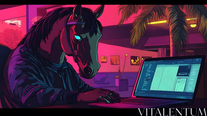 Neon-lit horse hacker quietly crafting code by night.