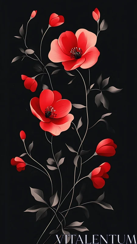Red Flowers Against Black Background.