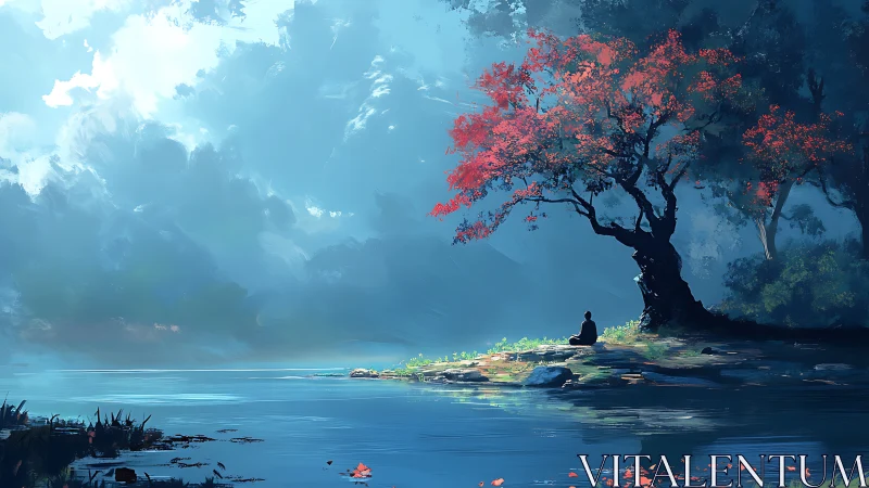 Solitary dreamer listens to a crimson tree beside still water