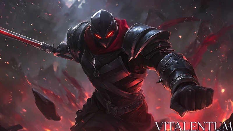 Shadow warrior surges forward in blazing, red-lit battle