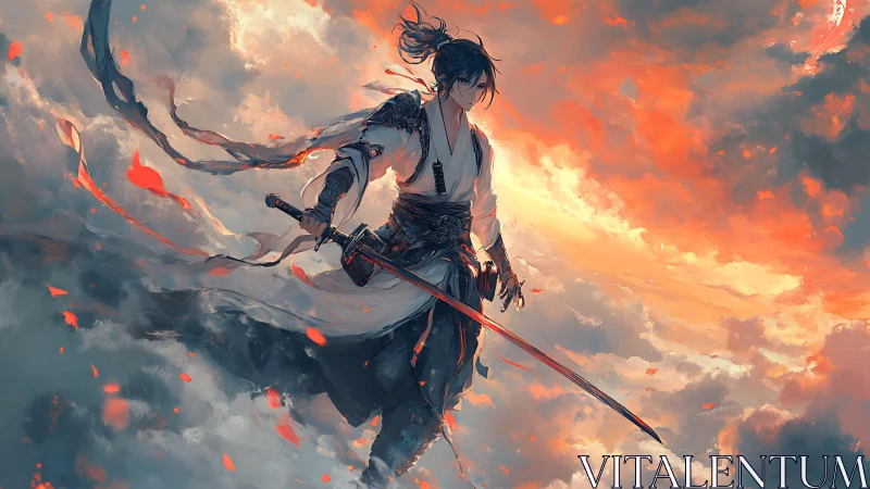 Samurai warrior strides through incandescent storm clouds in motion
