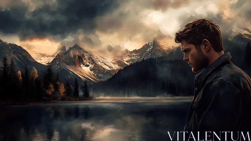 Brooding man beside misty alpine lake at storm sunset.