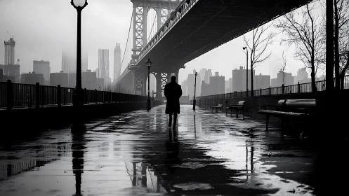 Solitary figure walks under city bridge on wet promenade