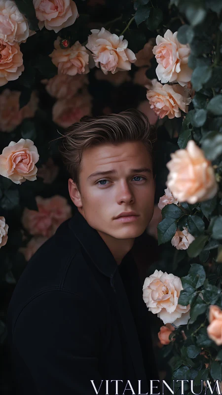Male subject framed by dense pale roses and foliage.