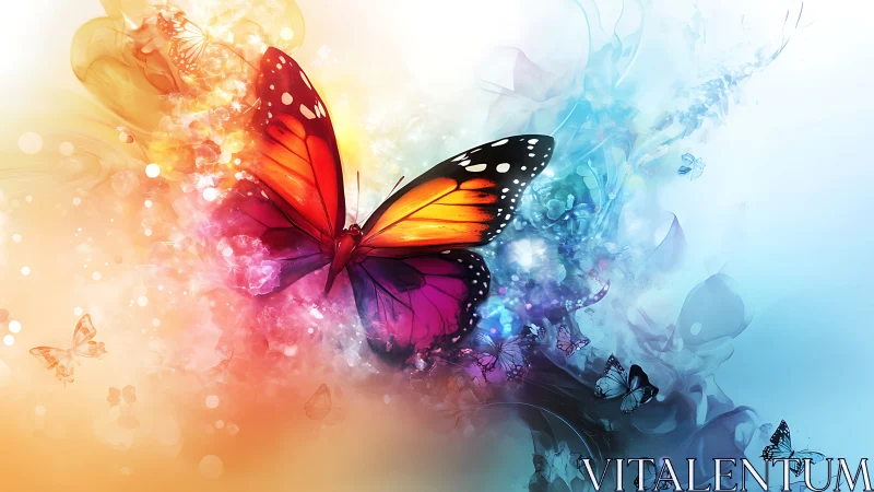 Vibrant monarch-style butterfly amid bokeh nebula gradient