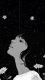 Monochrome profile portrait gazing into cosmic floral night.