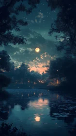 Lunar-lit forest reservoir with specular nocturnal reflections.