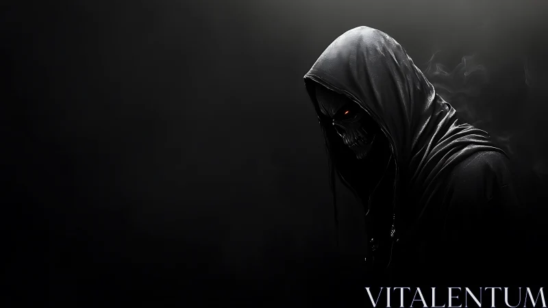 Hooded skeletal wraith in low key side lighting, smoke veils