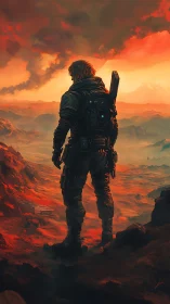 Lone space ranger watches a burning alien horizon in silence.