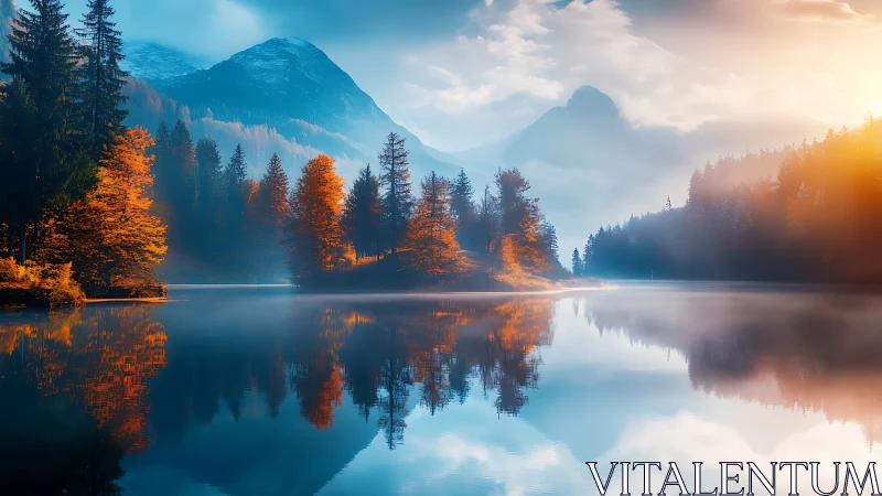 Autumnal alpine lake reflection under diffused sunrise gradients.