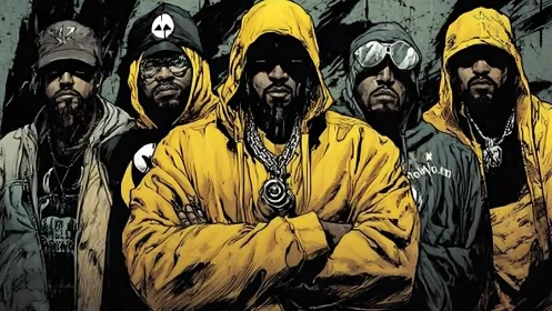 Hooded street kings in gold jackets guard the concrete dusk.