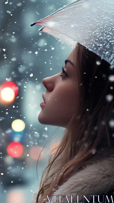 Quiet city snowfall with reflective girl under umbrella.