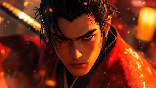 Samurai warrior portrait in blazing cinematic firelight.