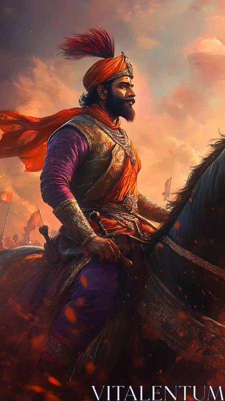 Warrior king on horseback in fiery battlefield scene.