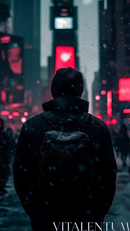 Cyberpunk snowfall silhouette in neon urban corridor perspective.
