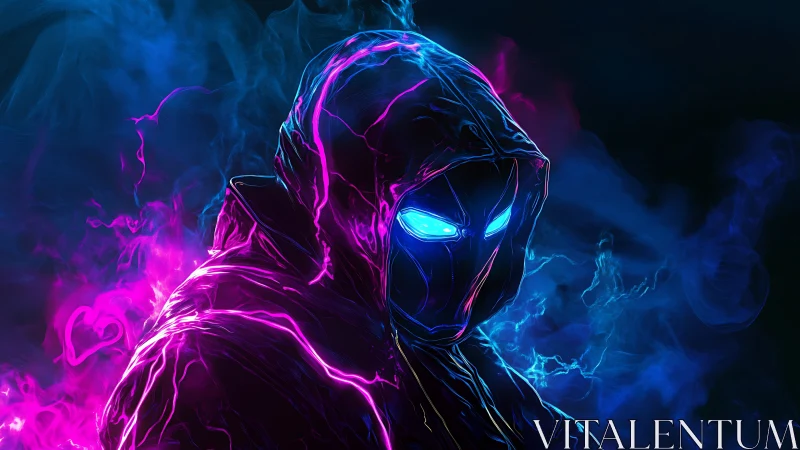 Neon hooded phantom radiates electric blue pink energy