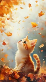 Curious Kitten Chases Autumn's Dancing Leaves Skyward