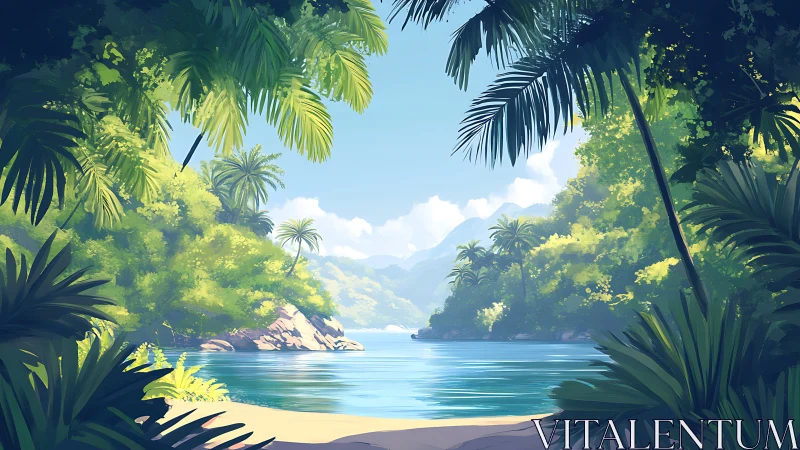 Tropical coastal cove rendered with layered digital painting techniques