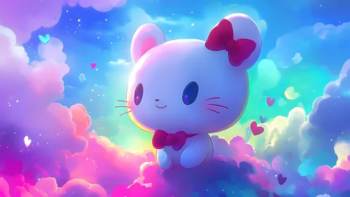 Dreamy sky mouse drifts through candy-colored heart clouds