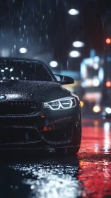 Wet black BMW sports car on city street at night in rain.
